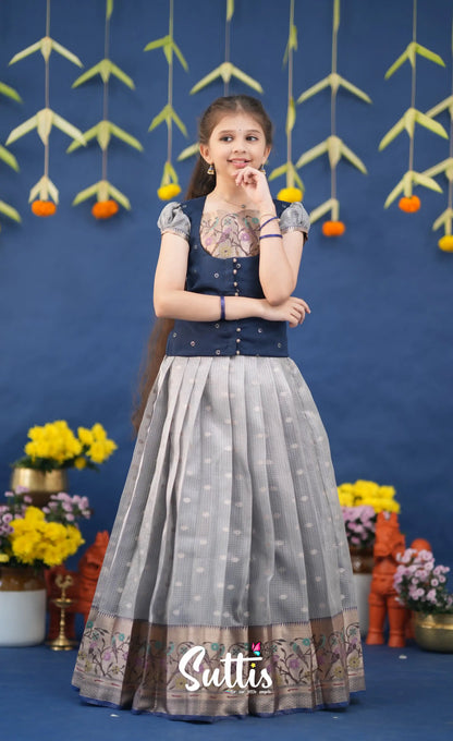 Sayuri Ash and Navy Blue Paithani Kota Pavadai Sattai Kids-Suttis