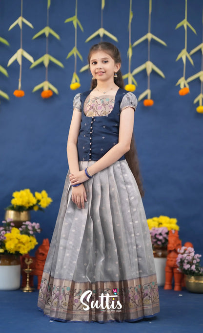 Sayuri Ash and Navy Blue Paithani Kota Pavadai Sattai Kids-Suttis