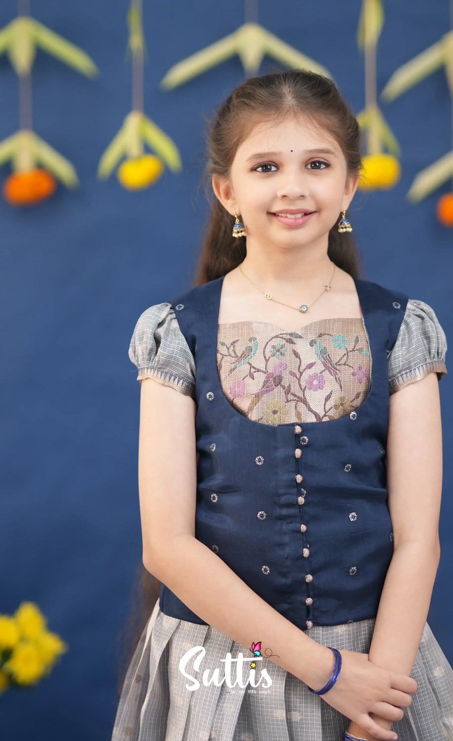 Sayuri Ash and Navy Blue Paithani Kota Pavadai Sattai Kids-Suttis