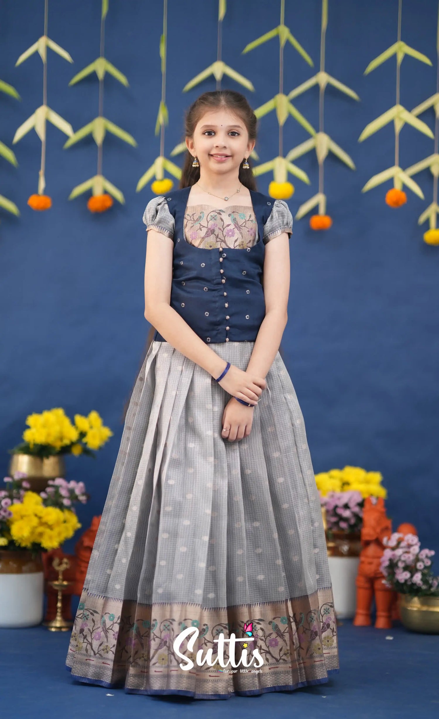 Sayuri Ash and Navy Blue Paithani Kota Pavadai Sattai Kids-Suttis