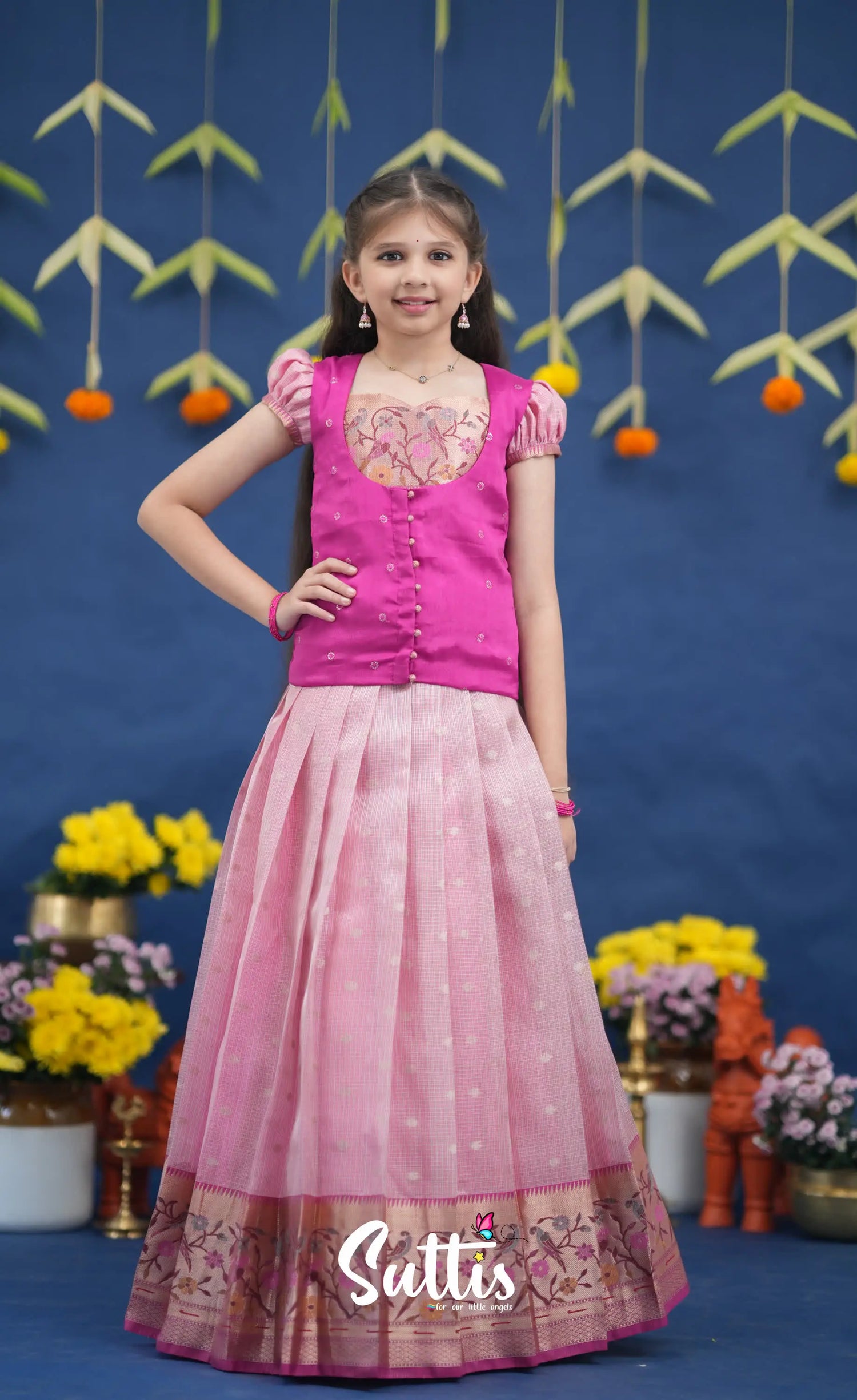 Sayuri Baby Pink and Rani Pink Paithani Kota Pavadai Sattai Kids-Suttis