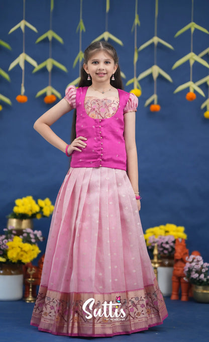 Sayuri Baby Pink and Rani Pink Paithani Kota Pavadai Sattai Kids-Suttis