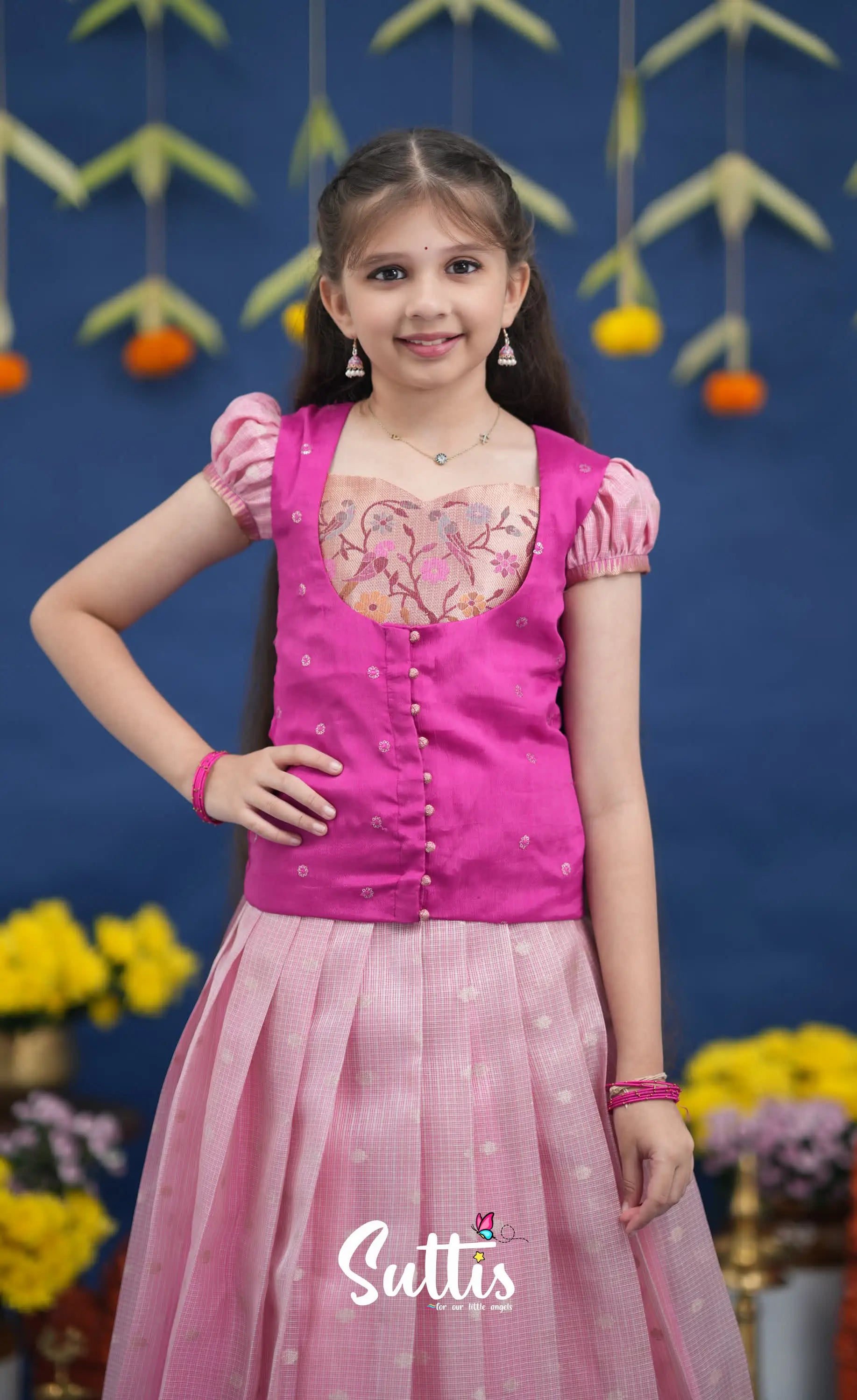 Sayuri Baby Pink and Rani Pink Paithani Kota Pavadai Sattai Kids-Suttis