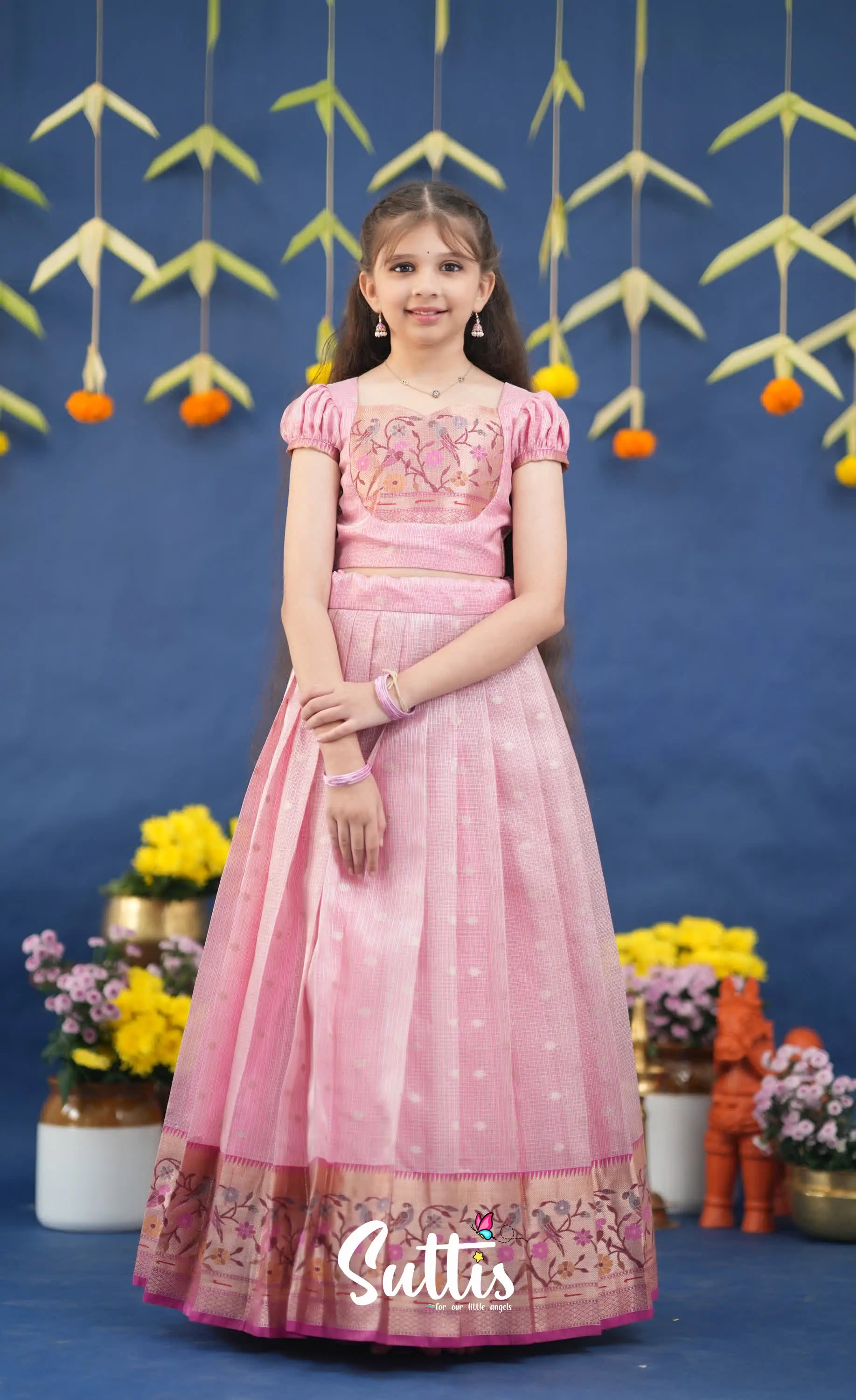 Sayuri Baby Pink and Rani Pink Paithani Kota Pavadai Sattai Kids-Suttis
