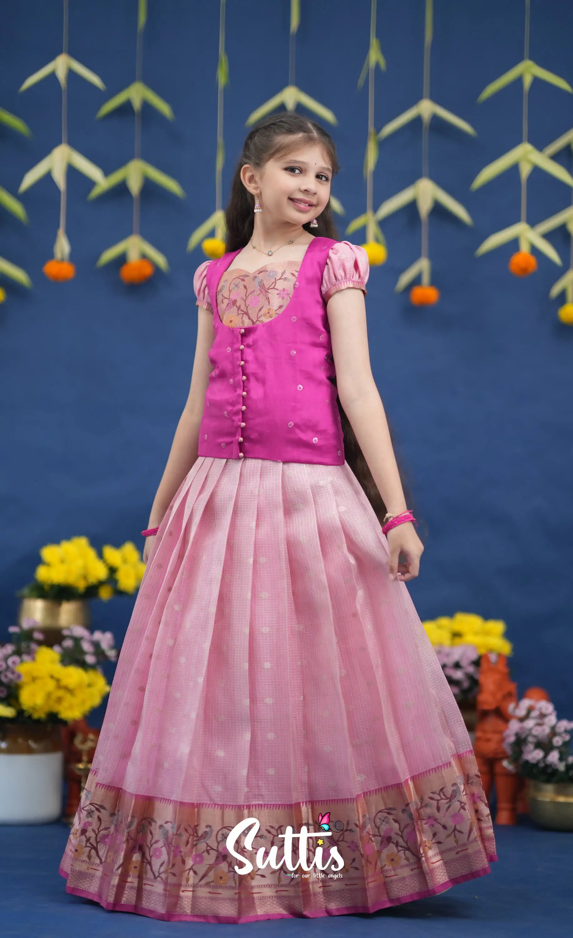 Sayuri Baby Pink and Rani Pink Paithani Kota Pavadai Sattai Kids-Suttis