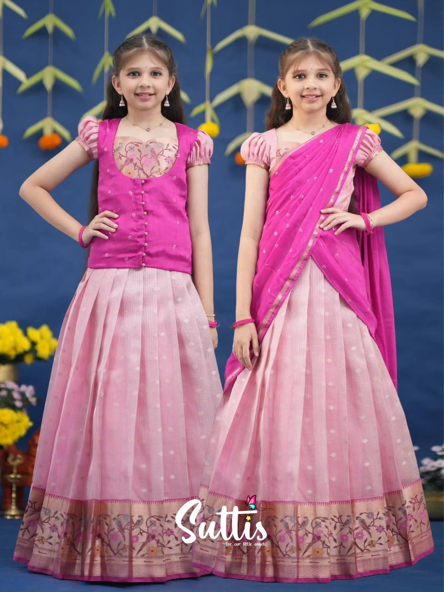 Sayuri Baby Pink and Rani Pink Paithani Kota Pavadai Sattai Kids-Suttis