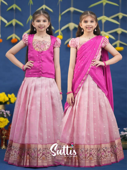 Sayuri Baby Pink and Rani Pink Paithani Kota Pavadai Sattai Kids-Suttis