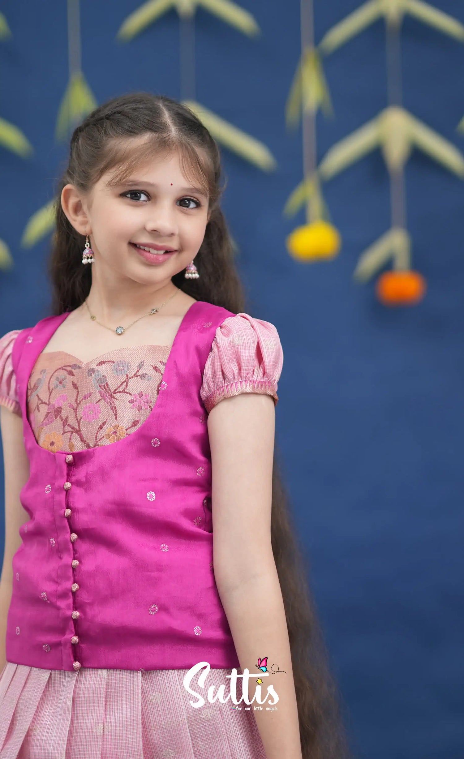 Sayuri Baby Pink and Rani Pink Paithani Kota Pavadai Sattai Kids-Suttis