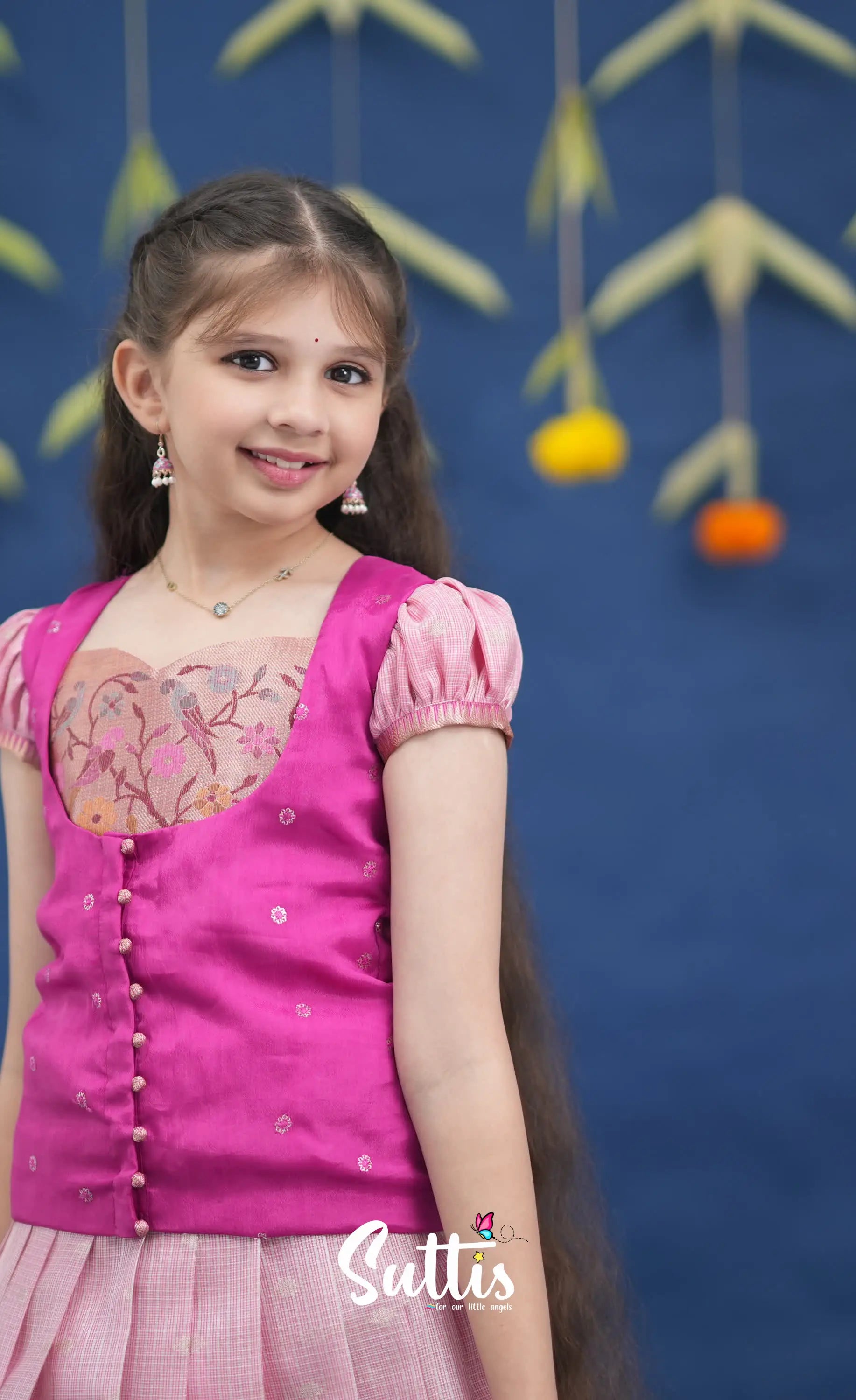 Sayuri Baby Pink and Rani Pink Paithani Kota Pavadai Sattai Kids-Suttis