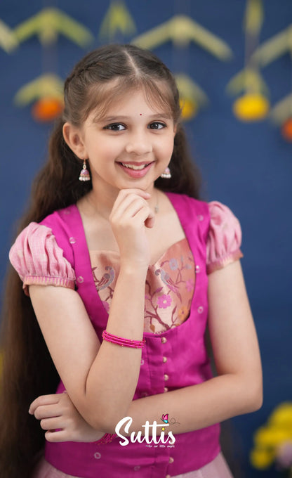 Sayuri Baby Pink and Rani Pink Paithani Kota Pavadai Sattai Kids-Suttis
