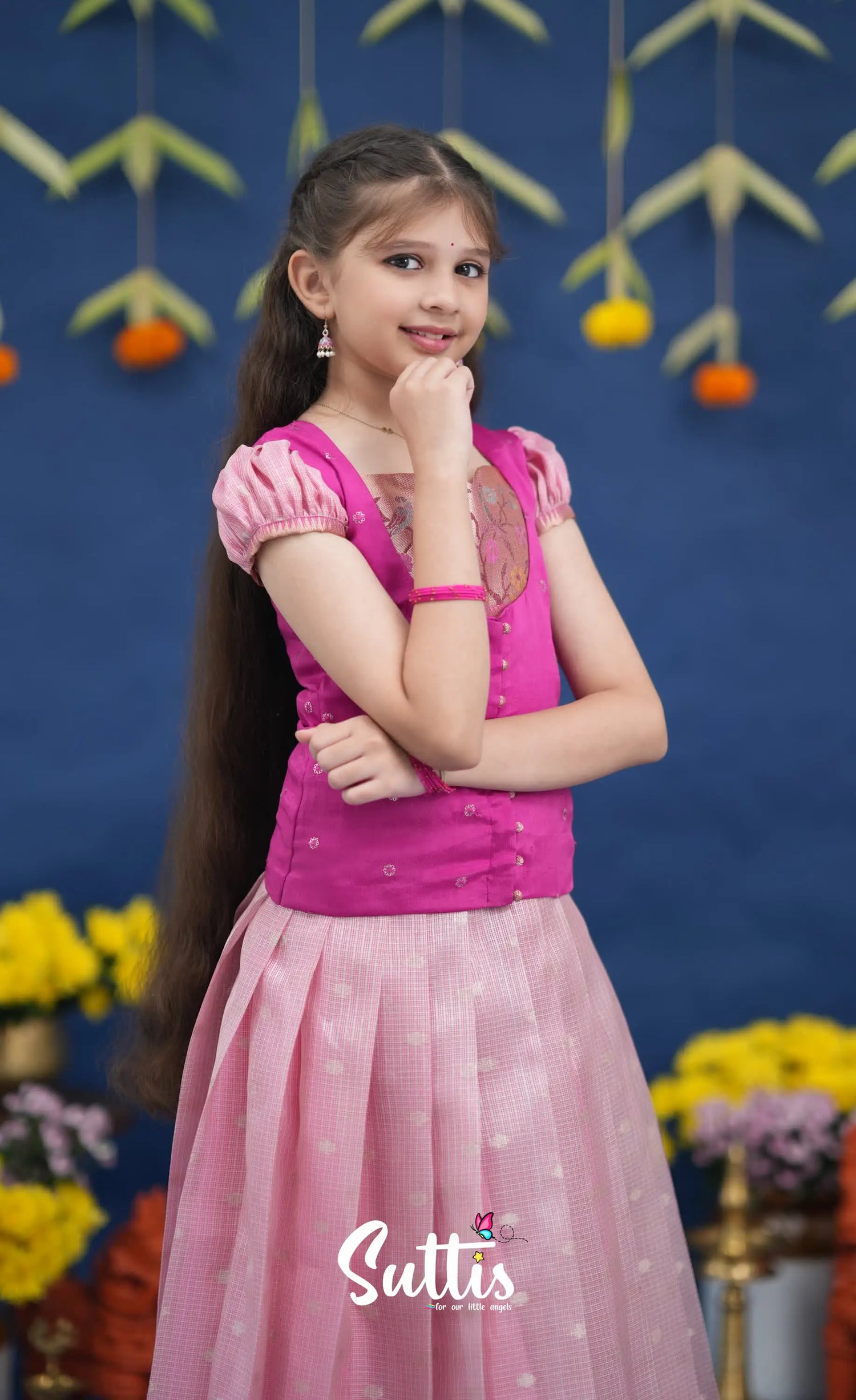 Sayuri Baby Pink and Rani Pink Paithani Kota Pavadai Sattai Kids-Suttis