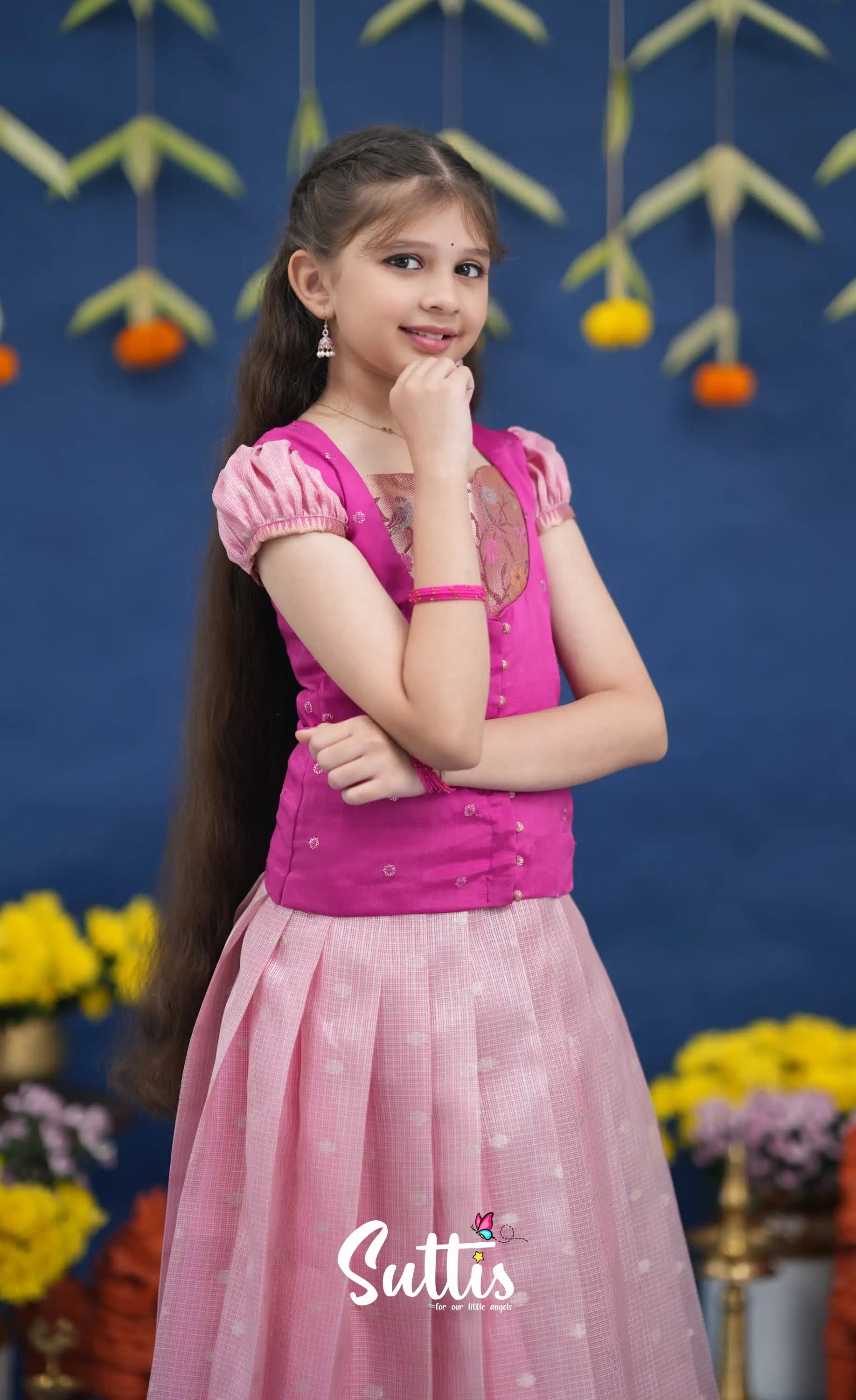 Sayuri Baby Pink and Rani Pink Paithani Kota Pavadai Sattai Kids-Suttis