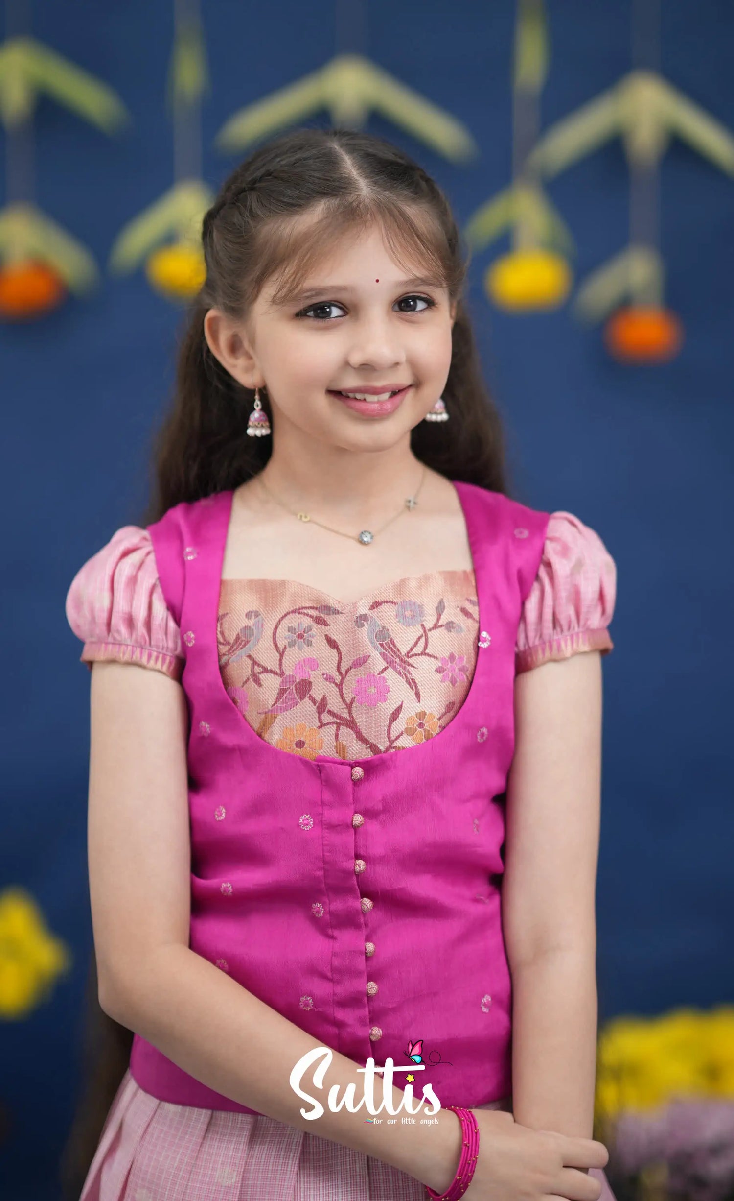 Sayuri Baby Pink and Rani Pink Paithani Kota Pavadai Sattai Kids-Suttis