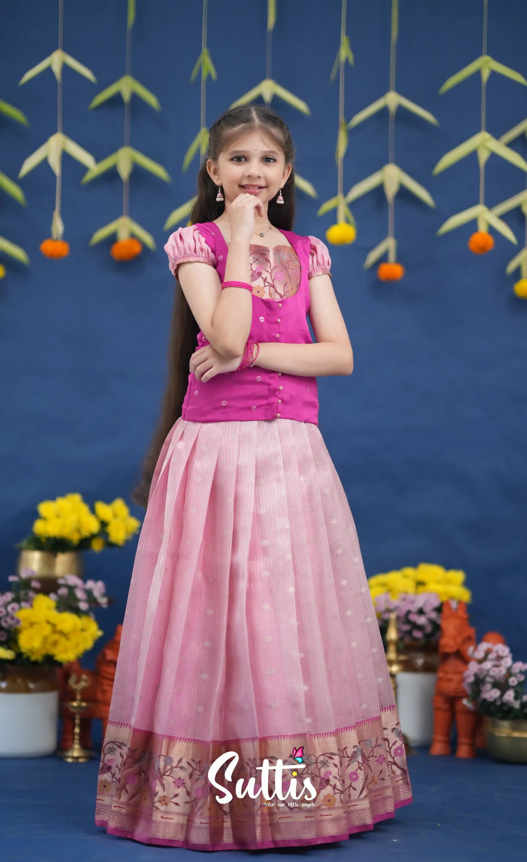 Sayuri Baby Pink and Rani Pink Paithani Kota Pavadai Sattai Kids-Suttis