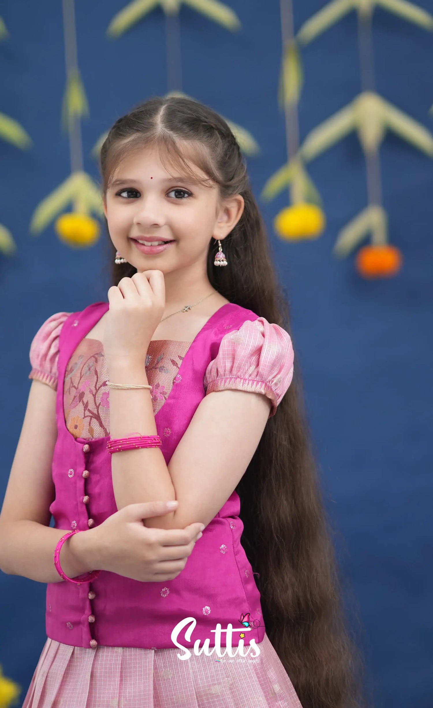 Sayuri Baby Pink and Rani Pink Paithani Kota Pavadai Sattai Kids-Suttis