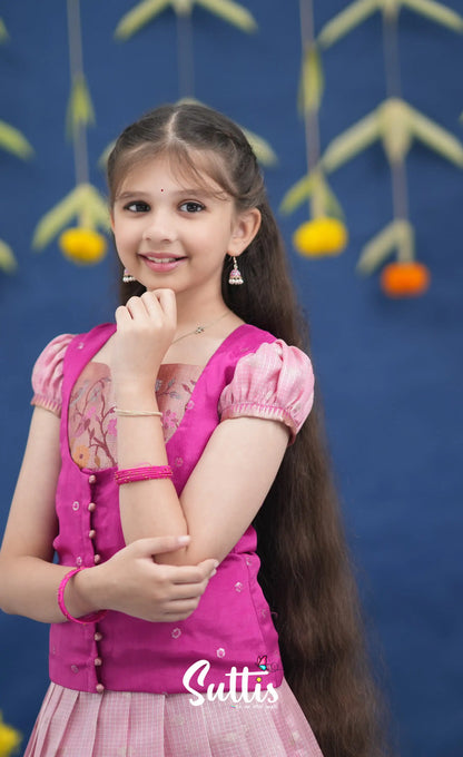 Sayuri Baby Pink and Rani Pink Paithani Kota Pavadai Sattai Kids-Suttis