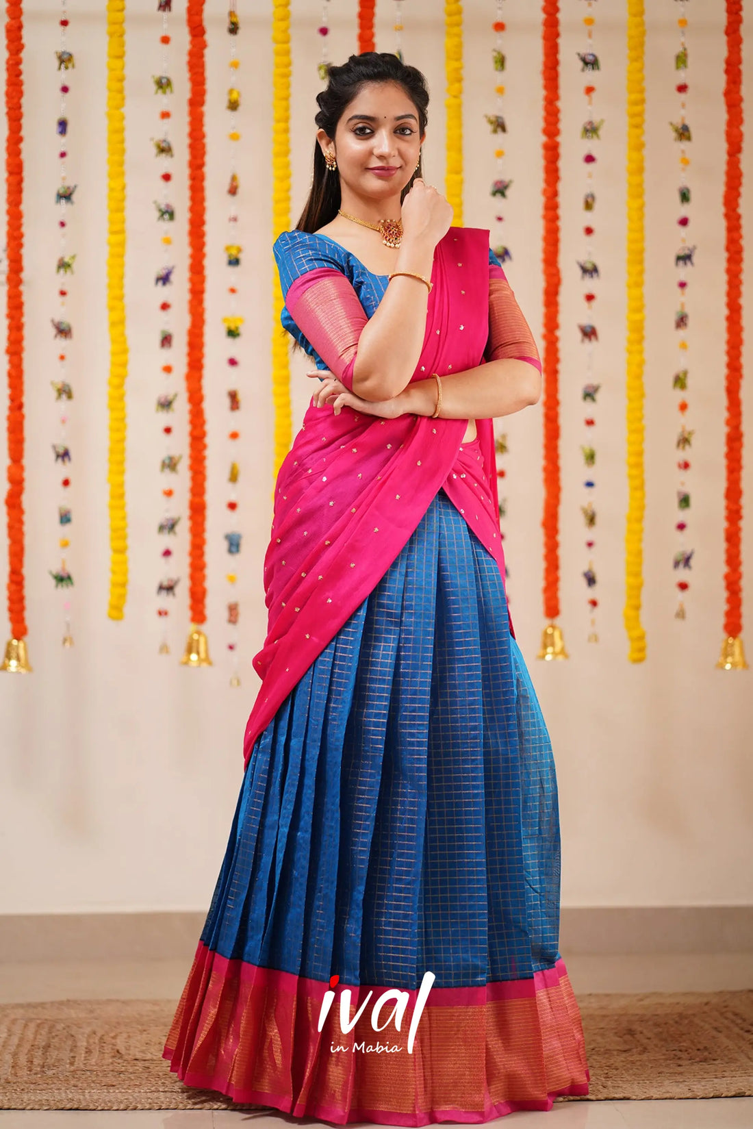 Sayuri - Blue And Pink Silk Cotton Halfsaree Half Sarees