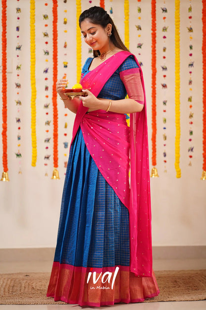 Sayuri - Blue And Pink Silk Cotton Halfsaree Half Sarees