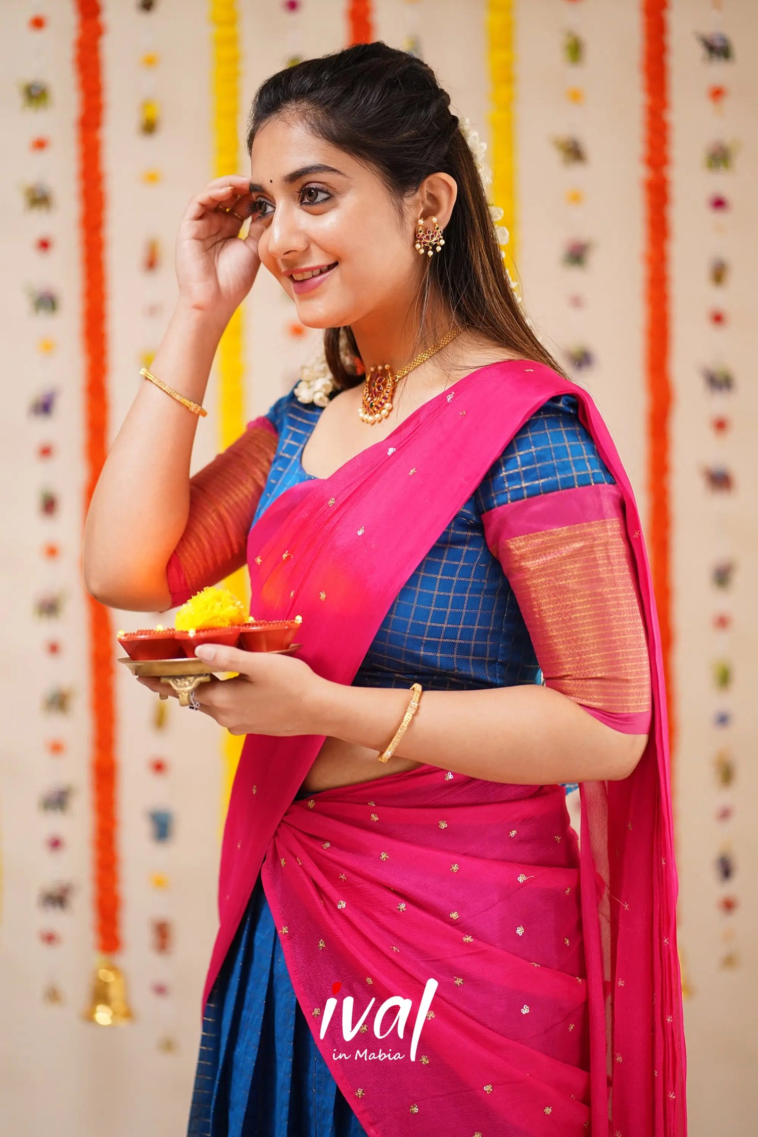 Sayuri - Blue And Pink Silk Cotton Halfsaree Half Sarees