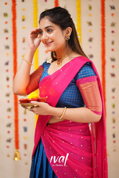 Sayuri - Blue And Pink Silk Cotton Halfsaree Half Sarees