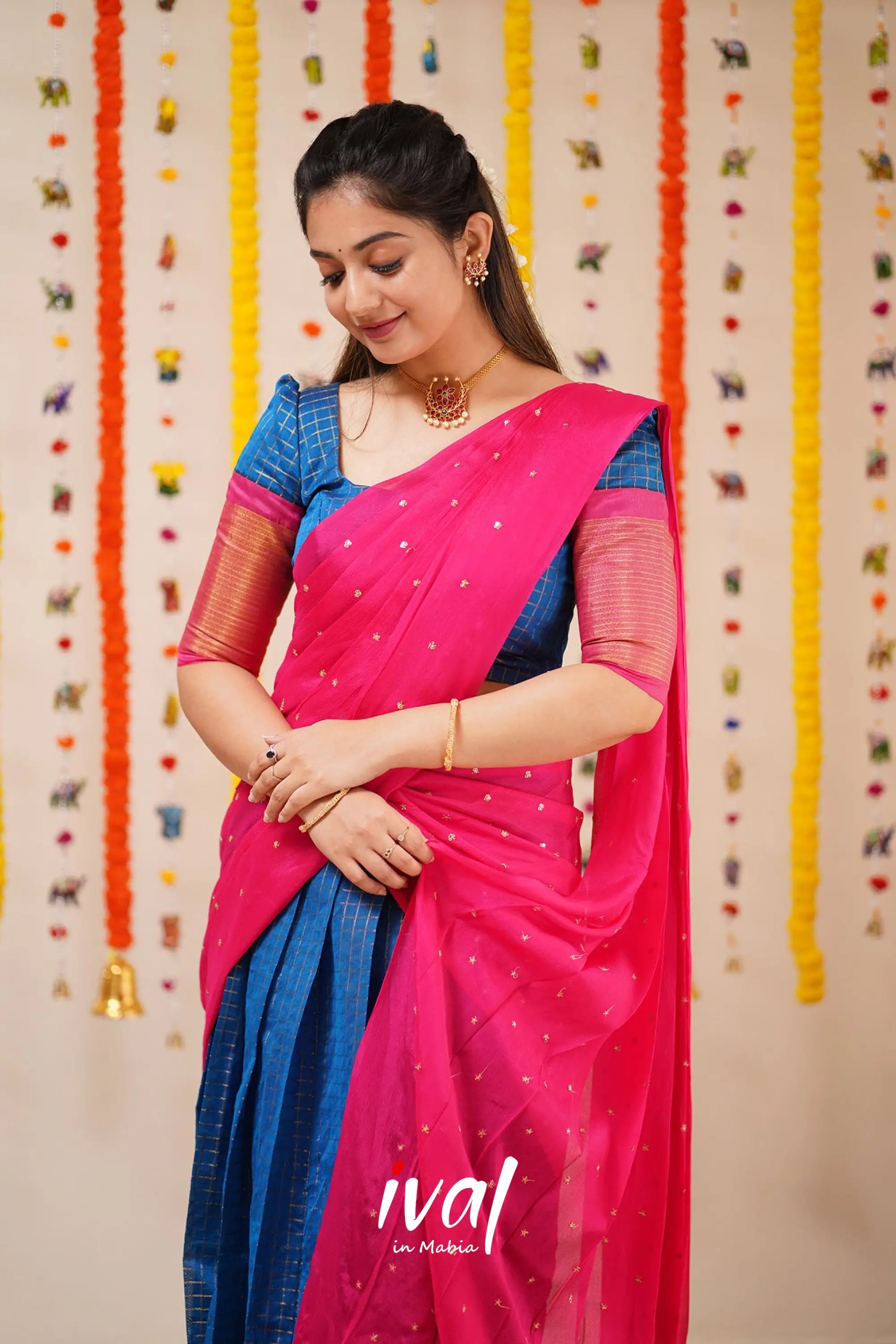 Sayuri - Blue And Pink Silk Cotton Halfsaree Half Sarees