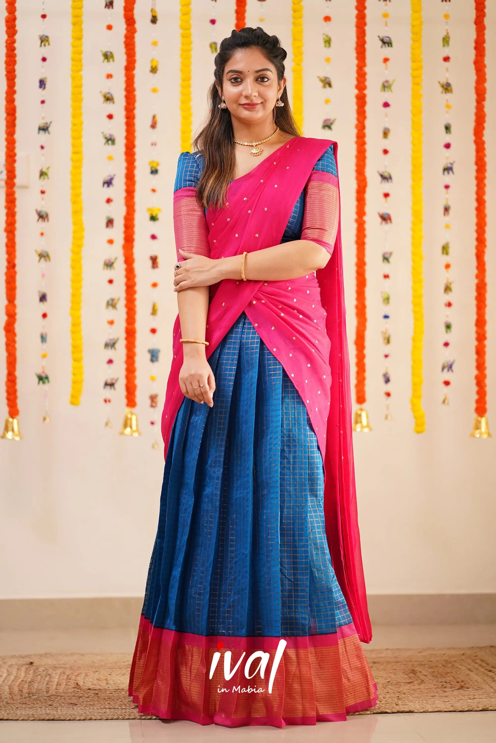 Sayuri - Blue And Pink Silk Cotton Halfsaree Half Sarees