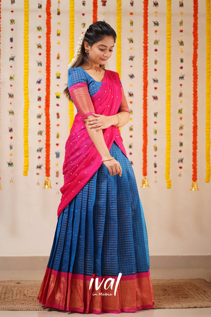 Sayuri - Blue And Pink Silk Cotton Halfsaree Half Sarees