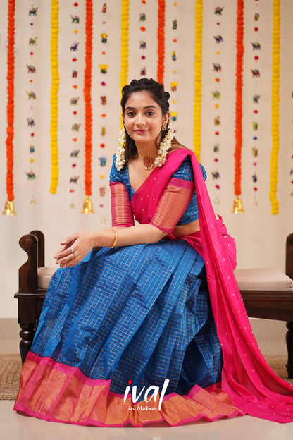 Sayuri - Blue And Pink Silk Cotton Halfsaree Half Sarees