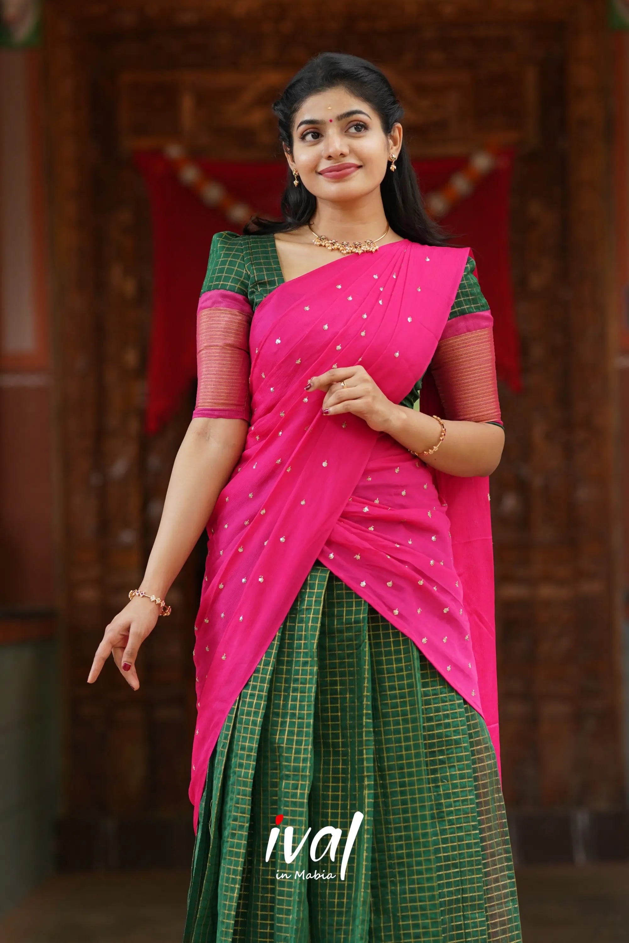 Sayuri - Bottle Green And Pink Silk Cotton Halfsaree Half Sarees