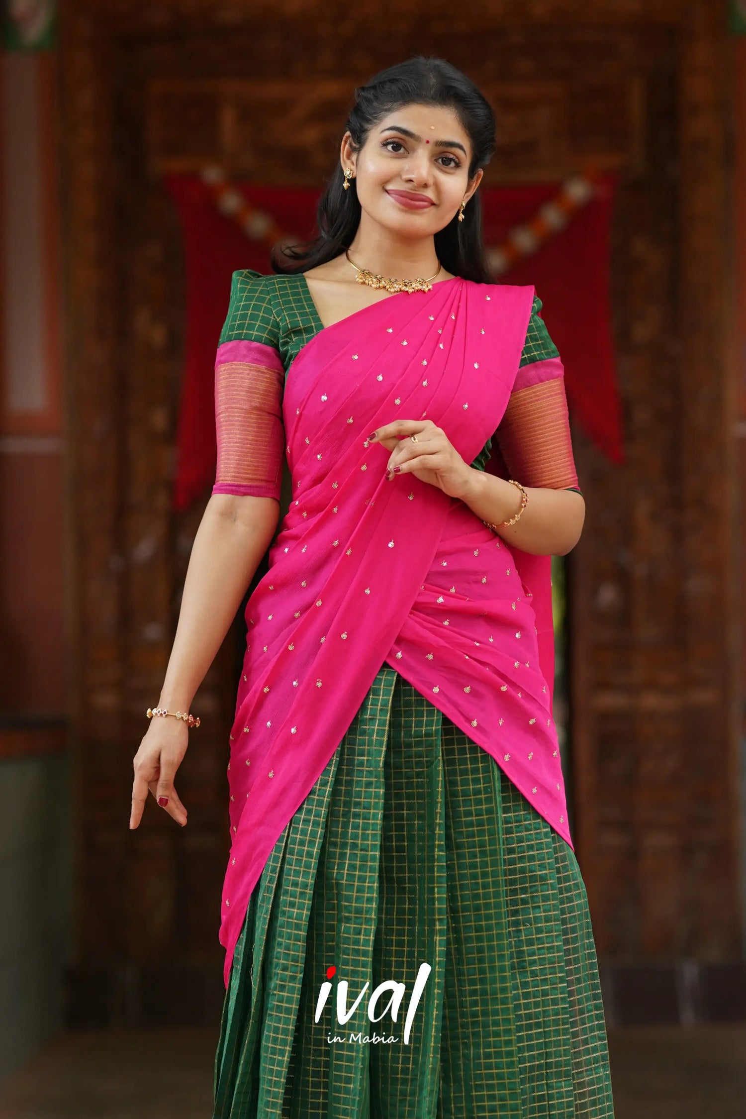 Sayuri - Bottle Green And Pink Silk Cotton Halfsaree Half Sarees