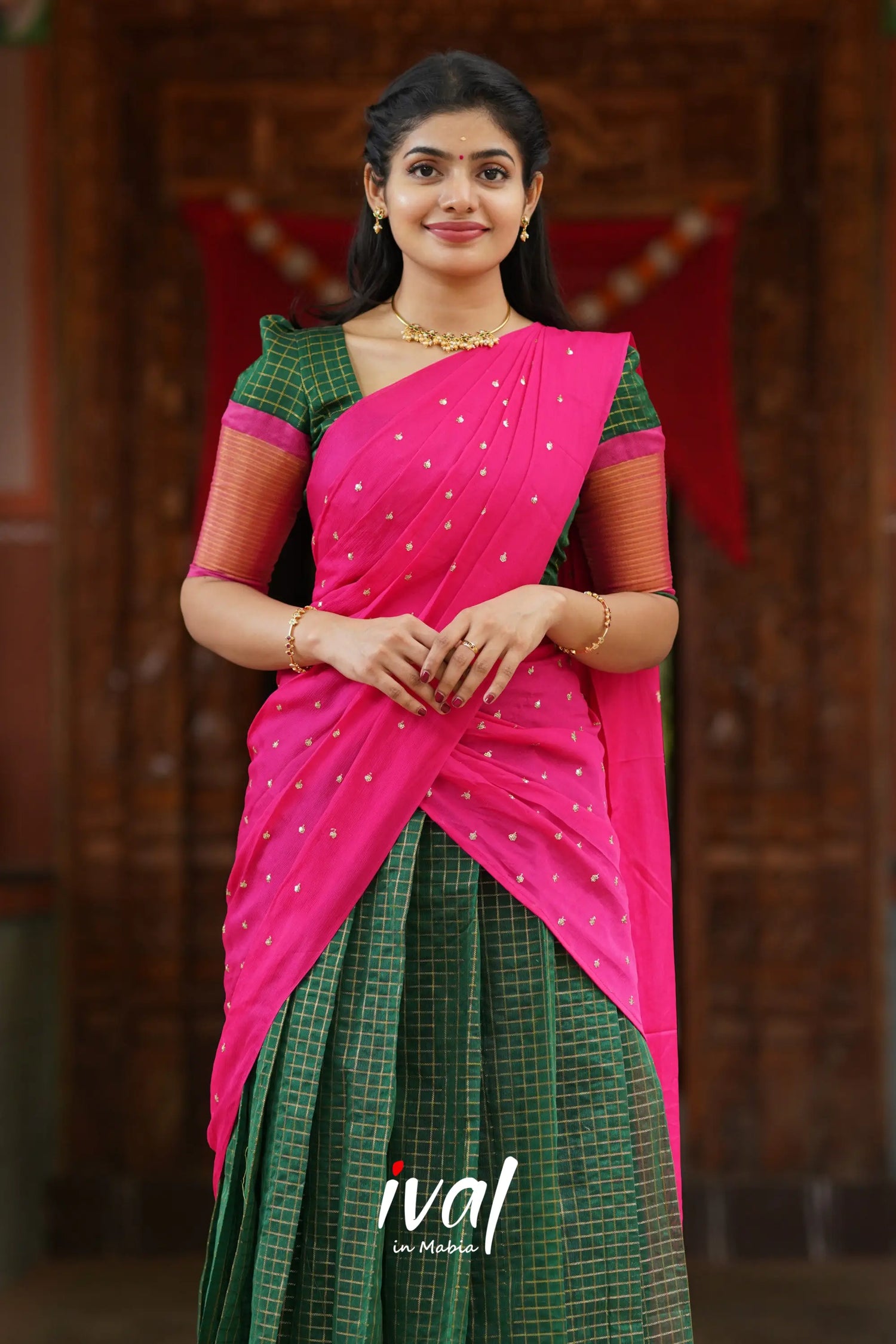 Sayuri - Bottle Green And Pink Silk Cotton Halfsaree Half Sarees