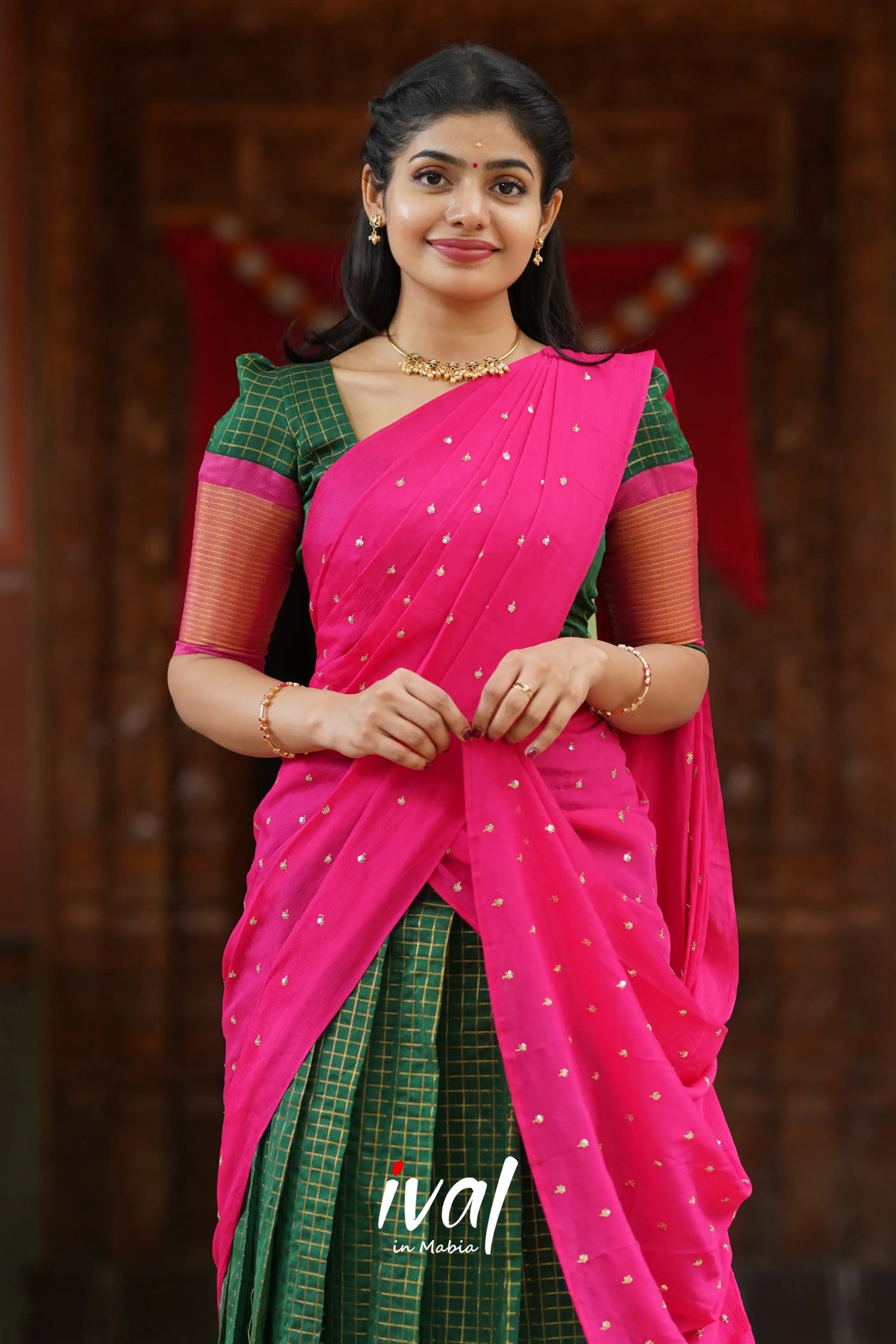 Sayuri - Bottle Green And Pink Silk Cotton Halfsaree Half Sarees