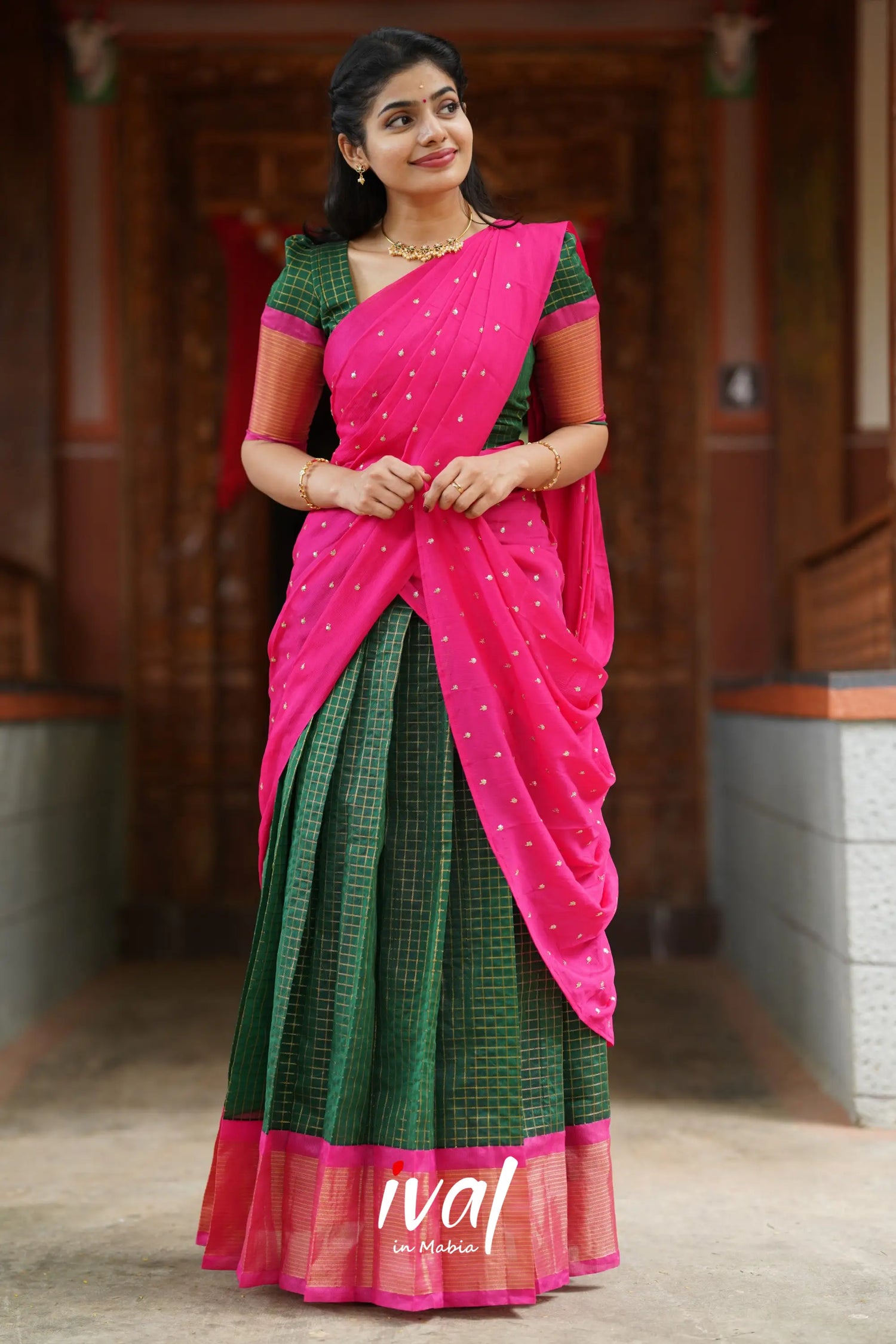 Sayuri - Bottle Green And Pink Silk Cotton Halfsaree Half Sarees