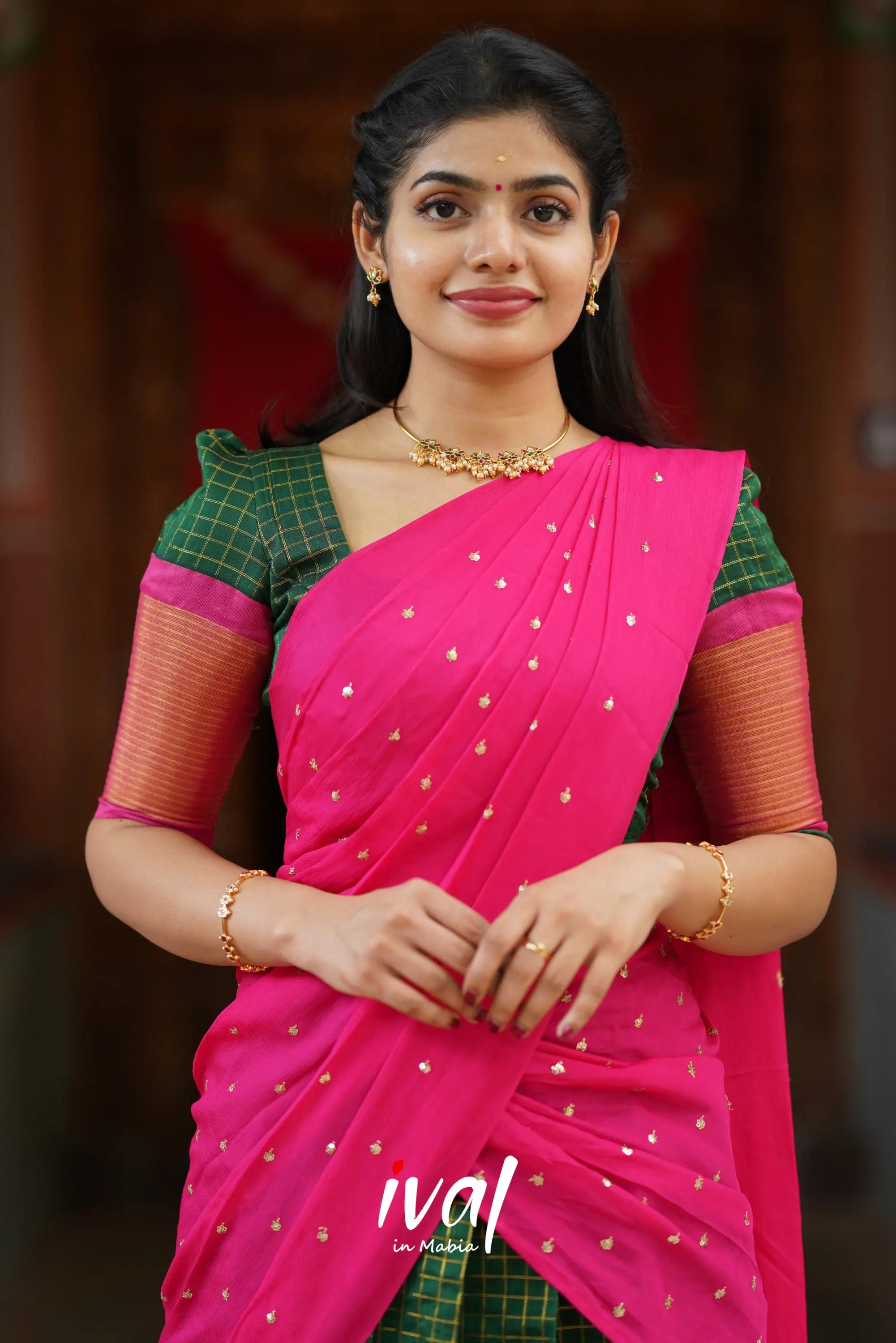 Sayuri - Bottle Green And Pink Silk Cotton Halfsaree Half Sarees