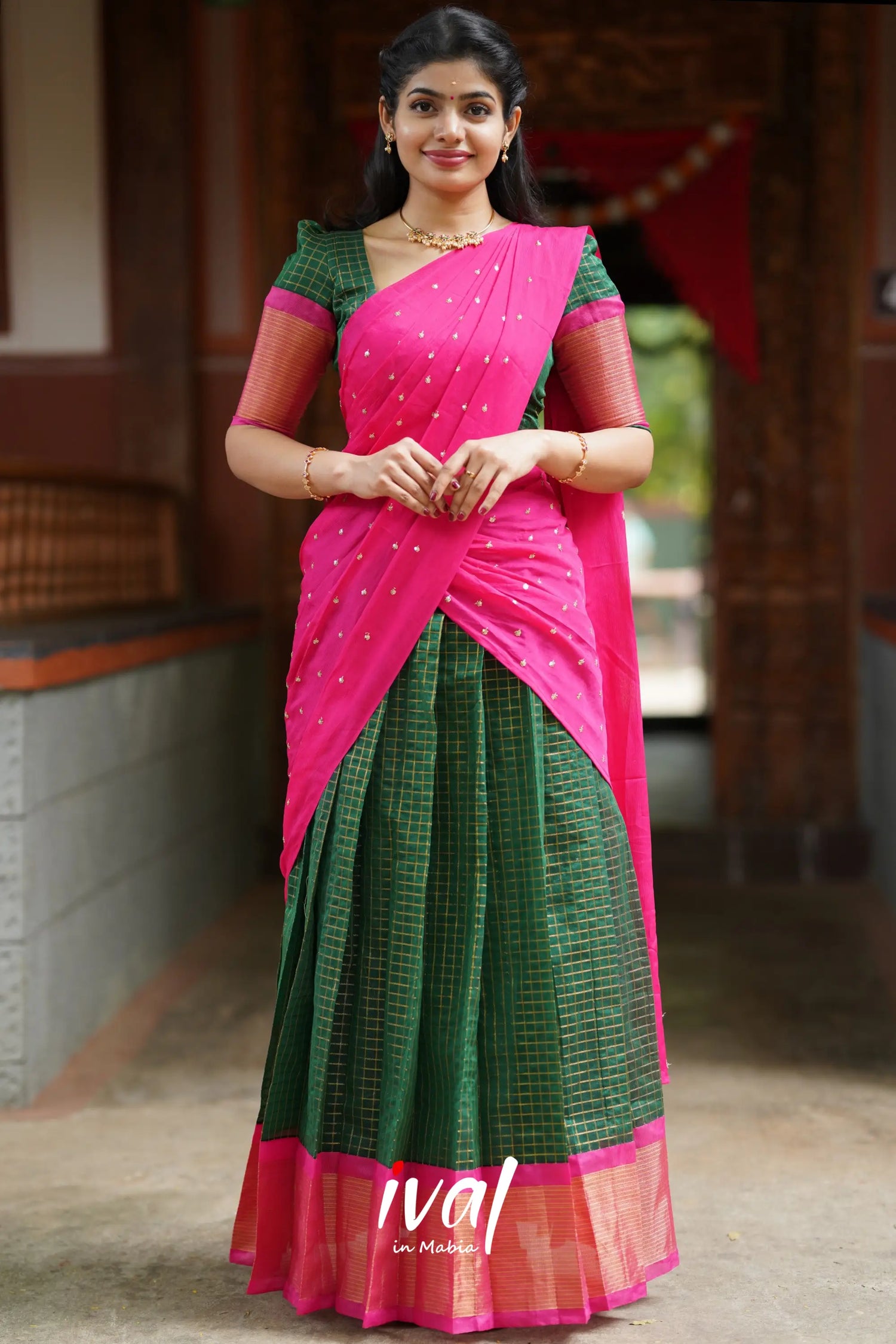 Sayuri - Bottle Green And Pink Silk Cotton Halfsaree Half Sarees