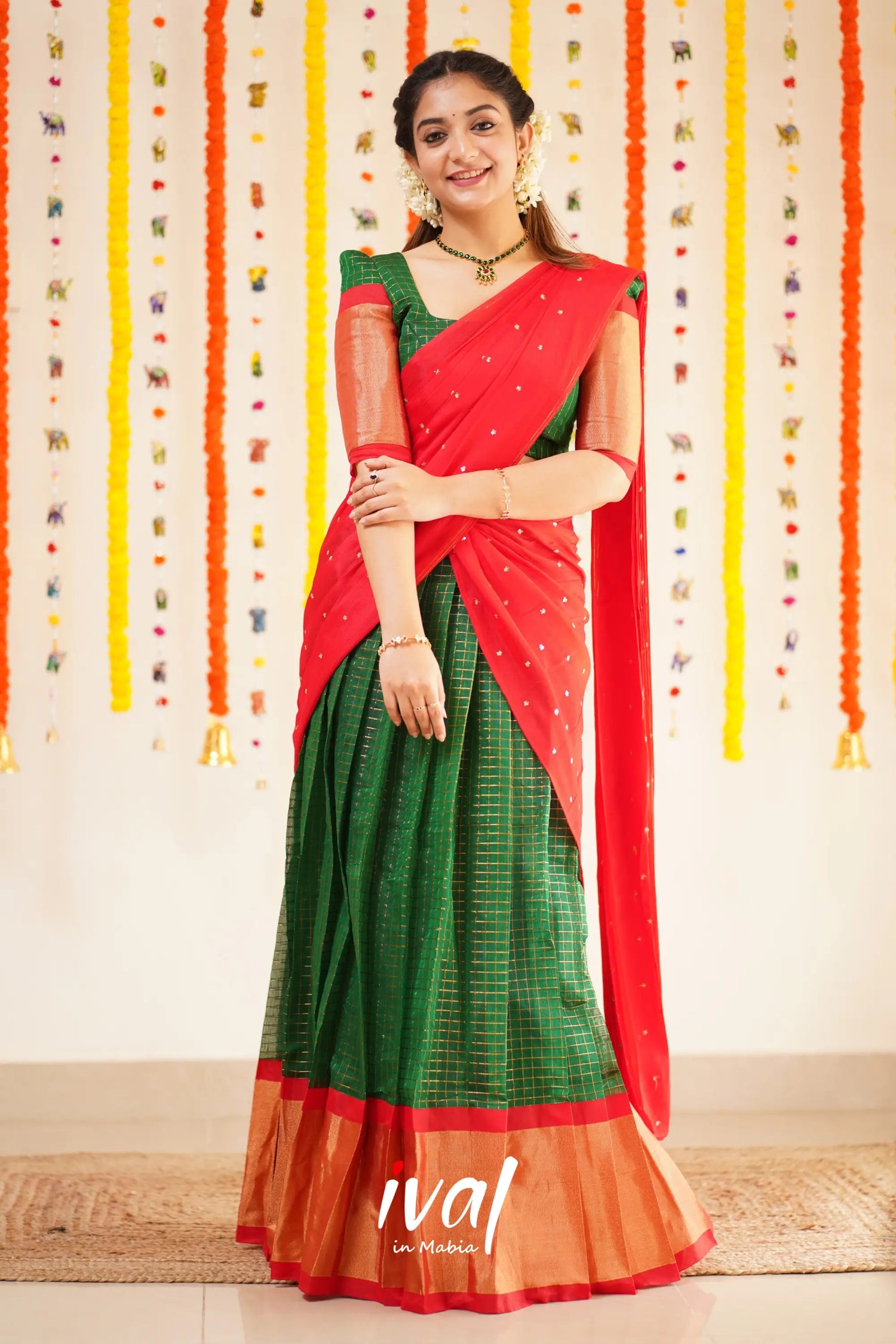 Sayuri - Bottle Green And Red Silk Cotton Halfsaree Half Sarees