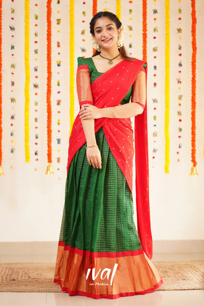 Sayuri - Bottle Green And Red Silk Cotton Halfsaree Half Sarees