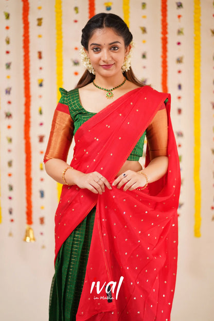 Sayuri - Bottle Green And Red Silk Cotton Halfsaree Half Sarees