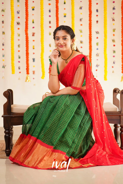 Sayuri - Bottle Green And Red Silk Cotton Halfsaree Half Sarees