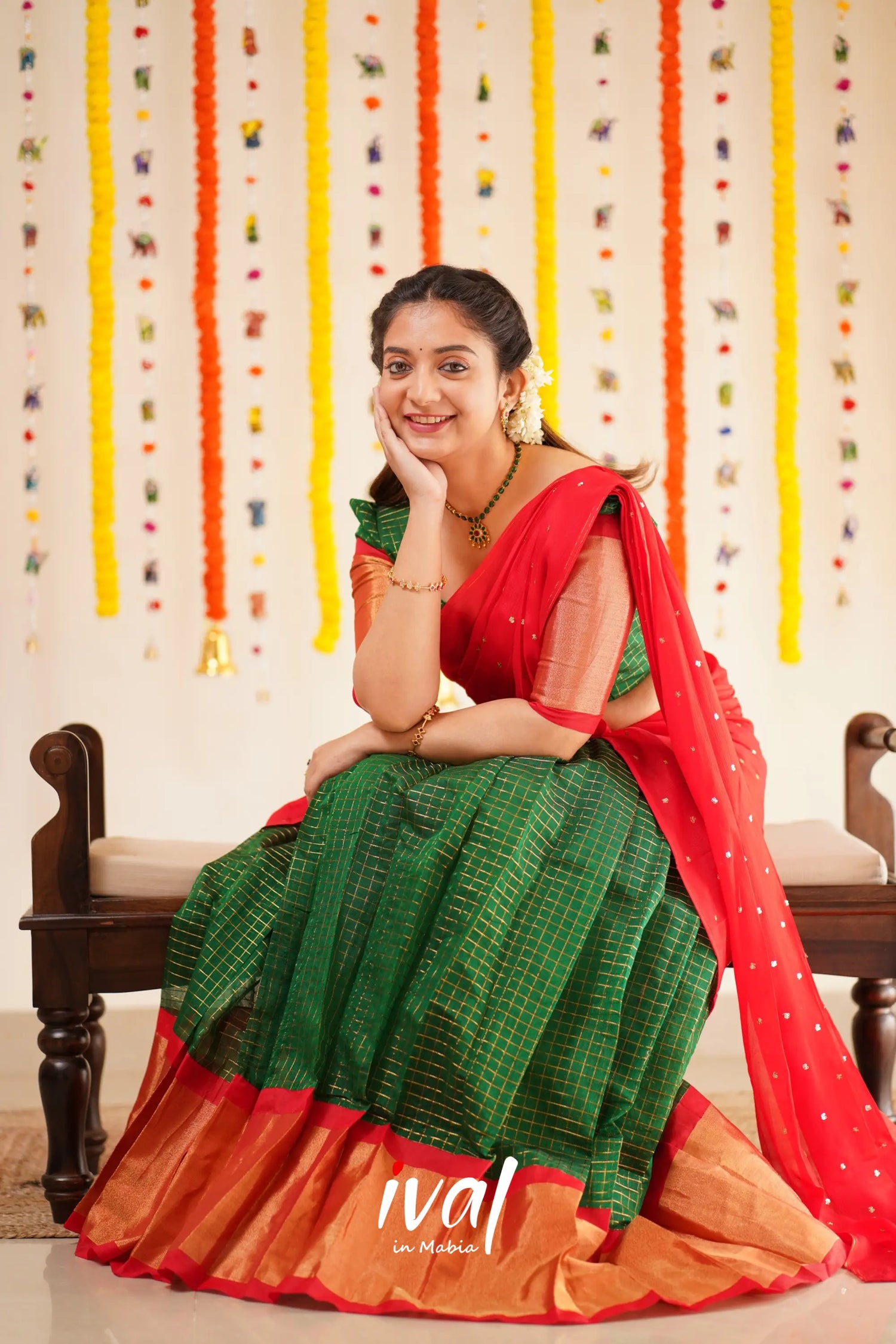 Sayuri - Bottle Green And Red Silk Cotton Halfsaree Half Sarees