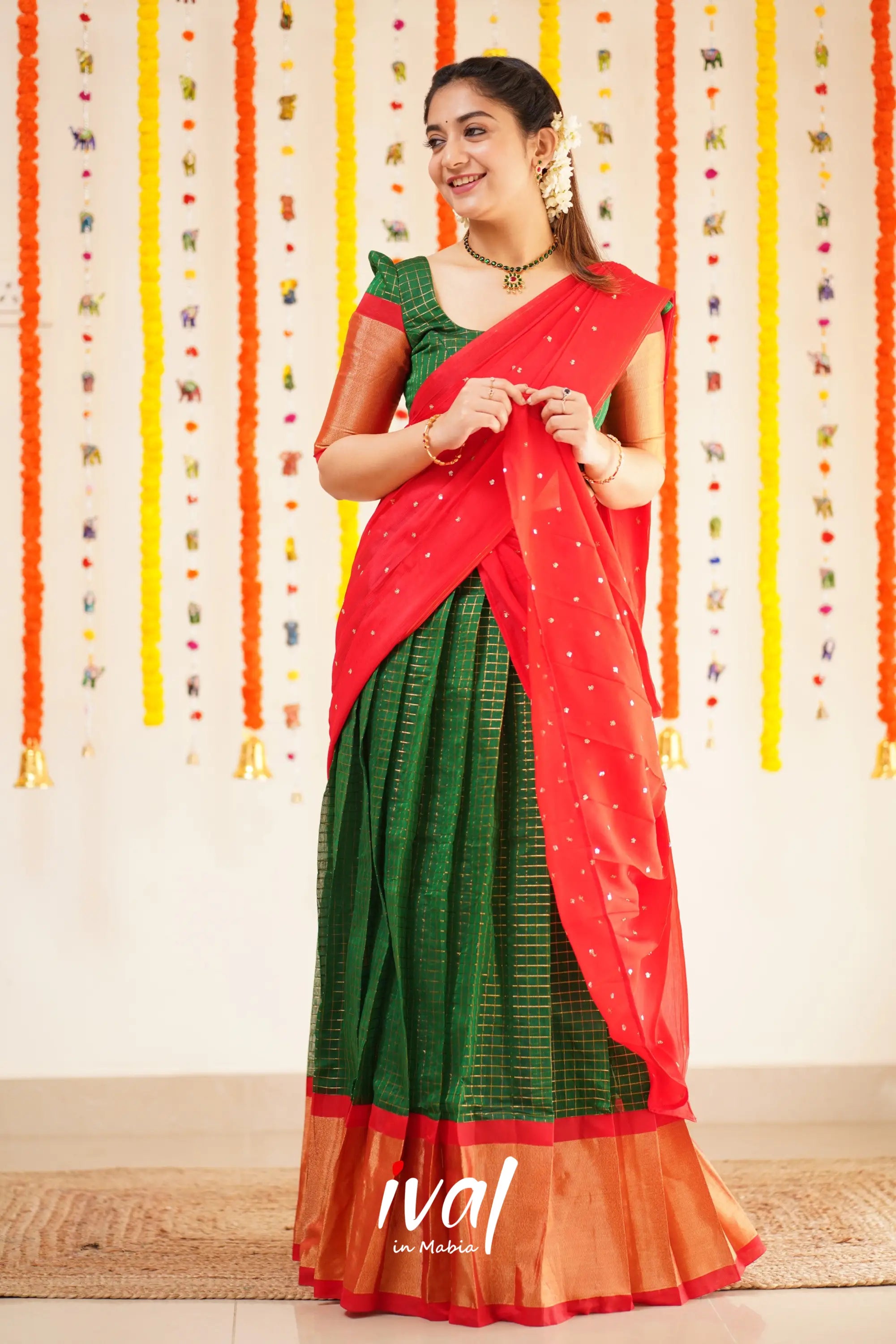 Sayuri - Bottle Green And Red Silk Cotton Halfsaree Half Sarees