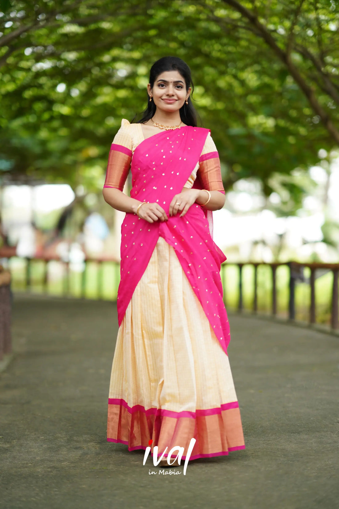 Sayuri - Cream And Pink Silk Cotton Halfsaree Half Sarees