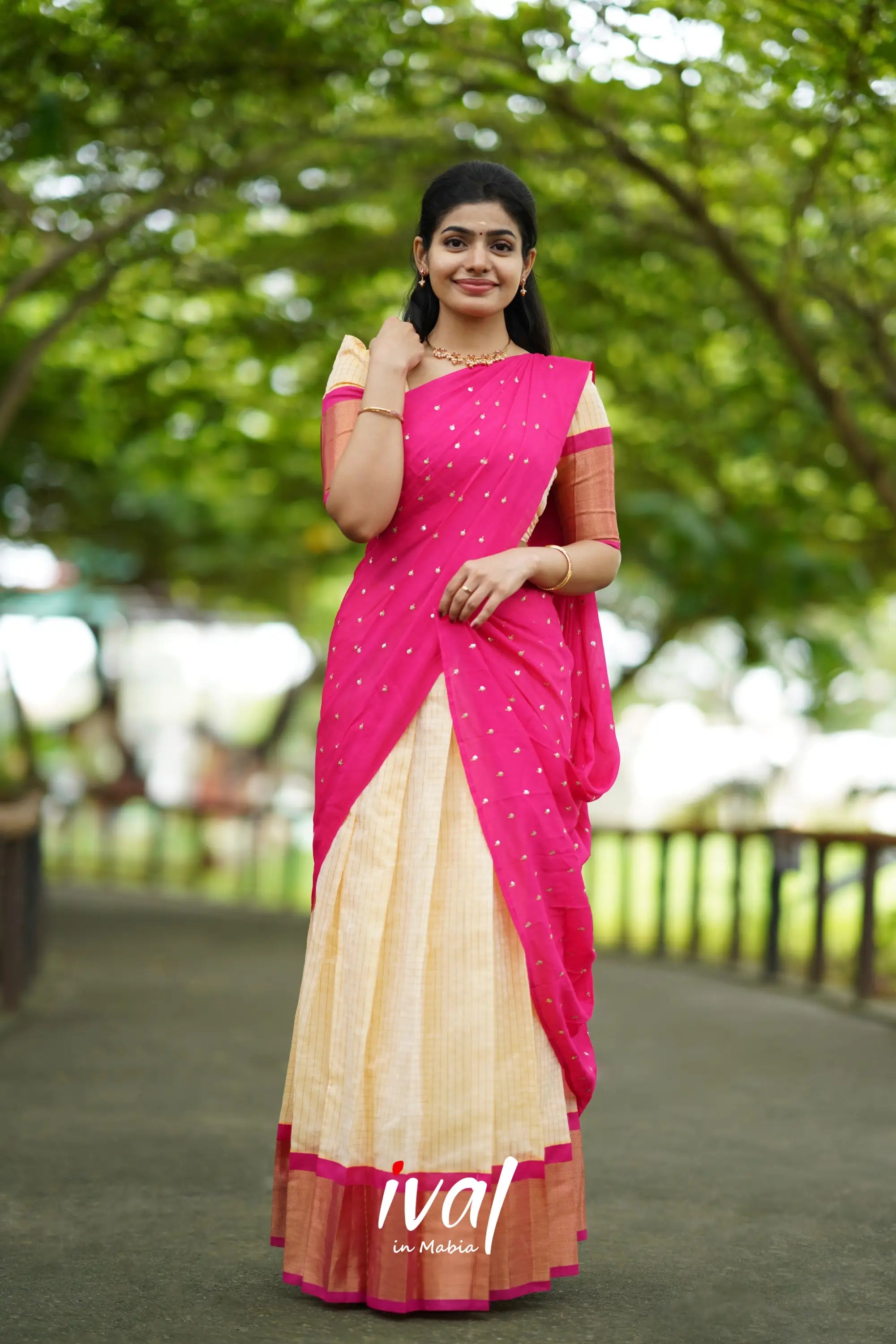 Sayuri - Cream And Pink Silk Cotton Halfsaree Half Sarees