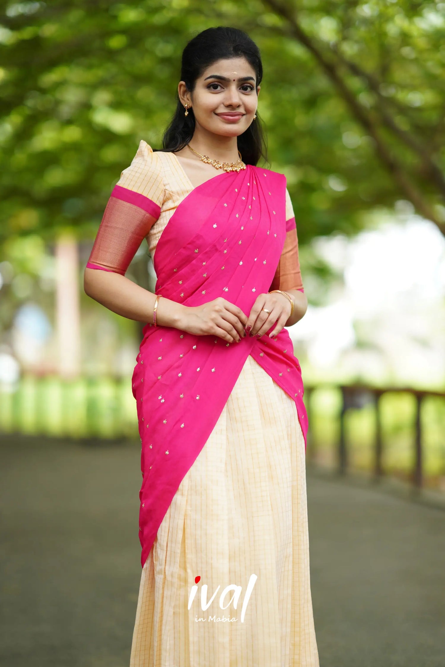 Sayuri - Cream And Pink Silk Cotton Halfsaree Half Sarees