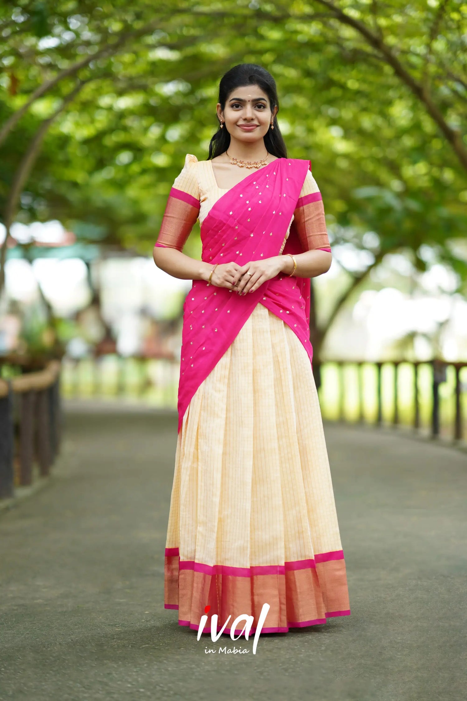 Sayuri - Cream And Pink Silk Cotton Halfsaree Half Sarees