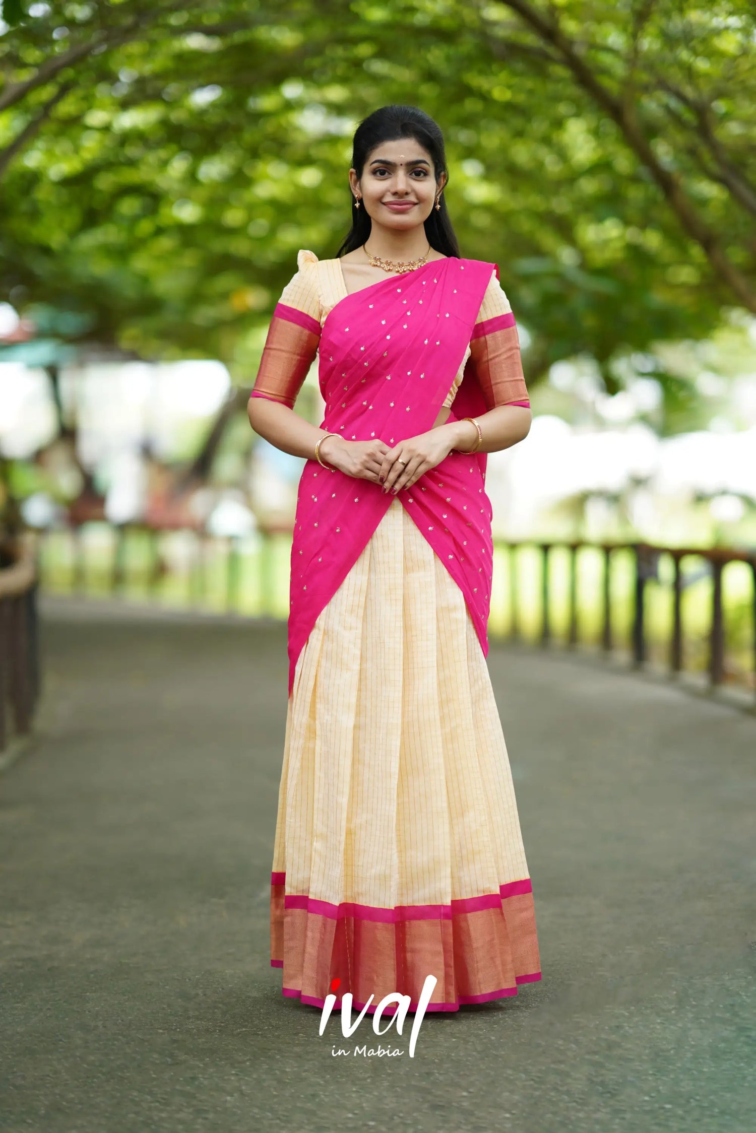 Sayuri - Cream And Pink Silk Cotton Halfsaree Half Sarees