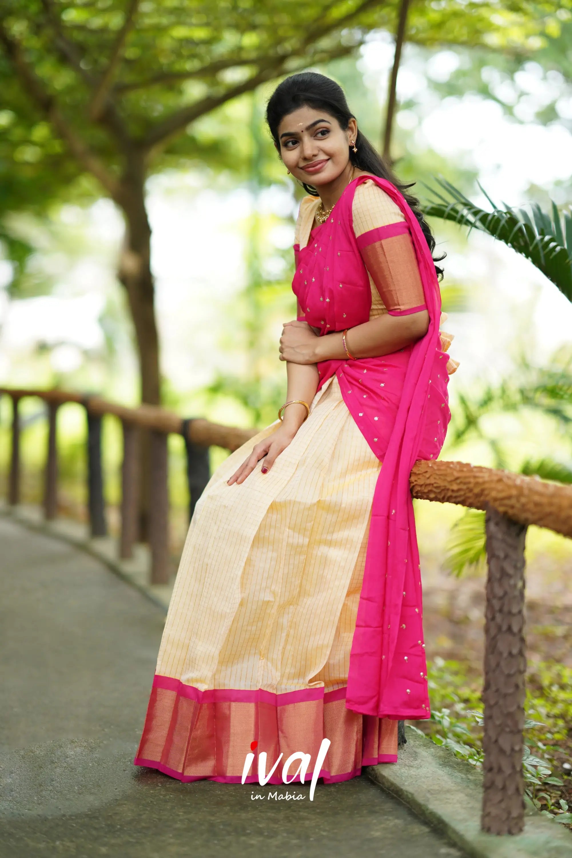 Sayuri - Cream And Pink Silk Cotton Halfsaree Half Sarees