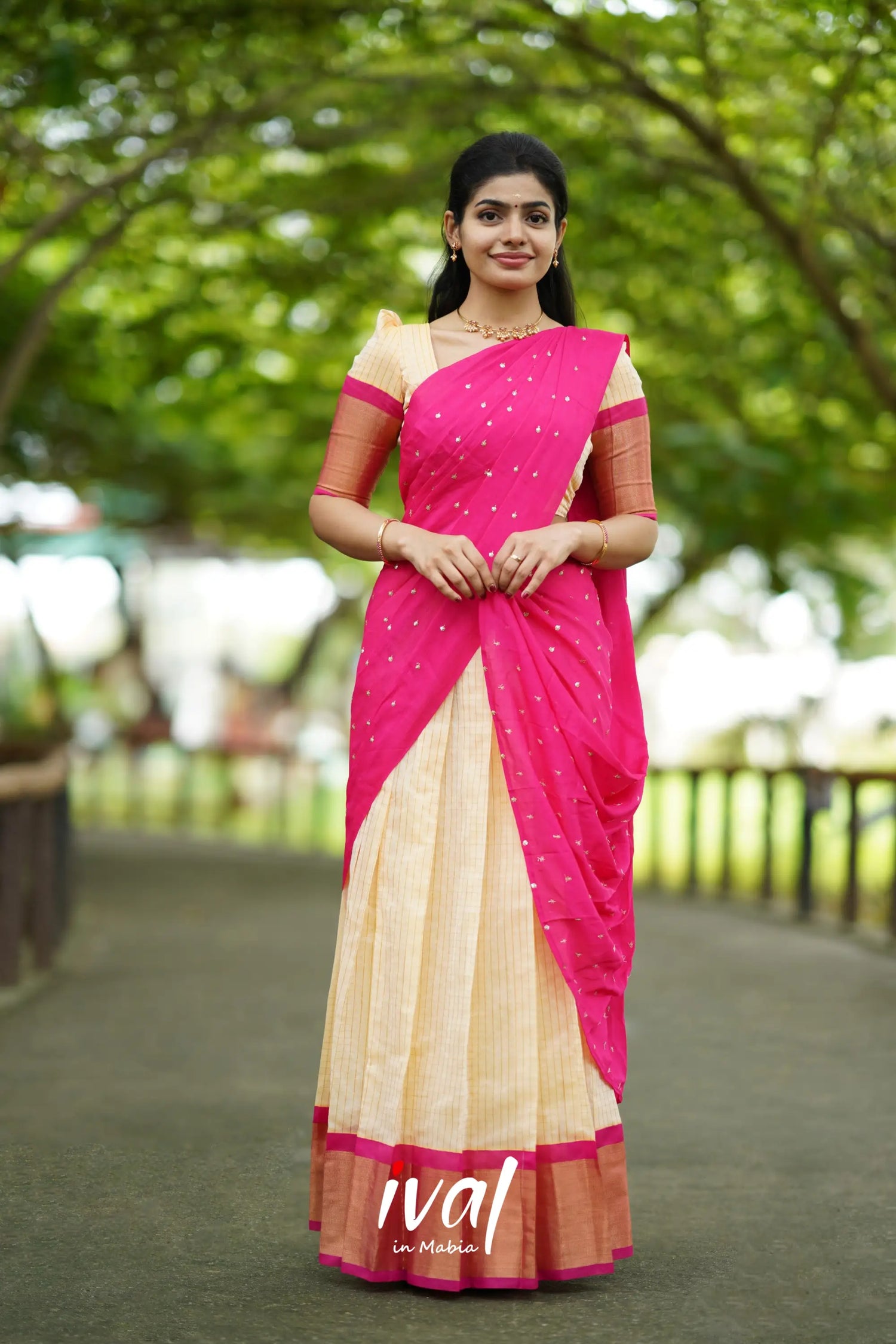 Sayuri - Cream And Pink Silk Cotton Halfsaree Half Sarees