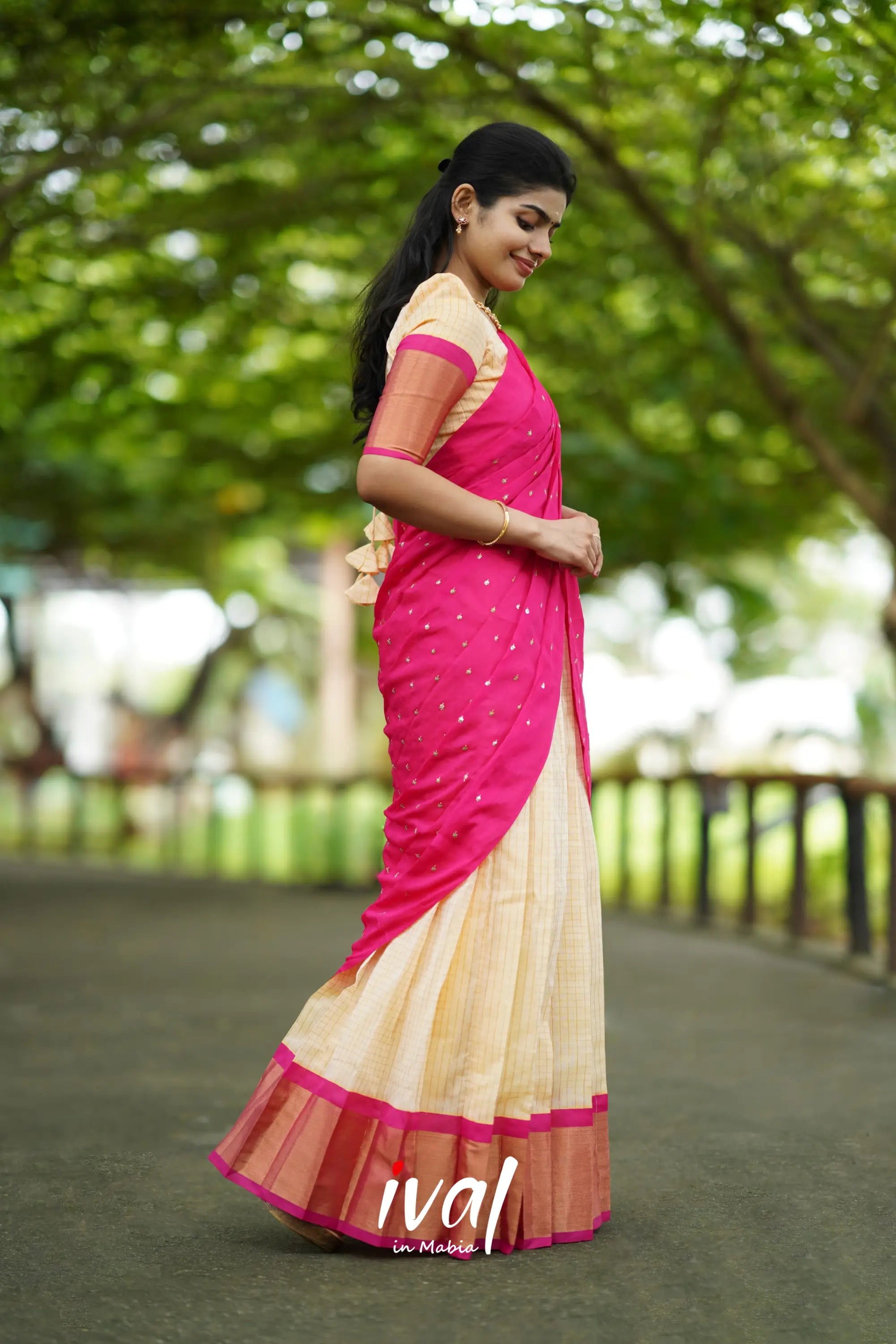 Sayuri - Cream And Pink Silk Cotton Halfsaree Half Sarees