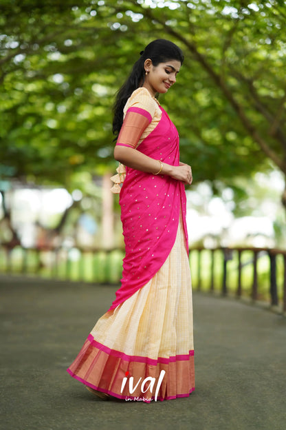 Sayuri - Cream And Pink Silk Cotton Halfsaree Half Sarees